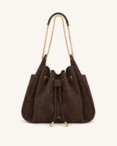 Rowan Faux Suede Quilted Chain Bucket Bag - Dark Brown