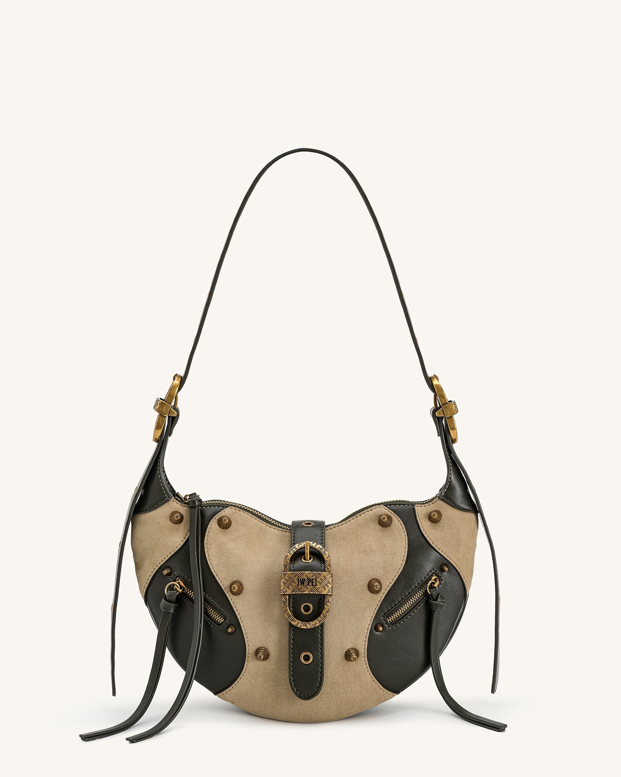 Tessa Faux Suede Studded Shoulder Bag - Khaki Green