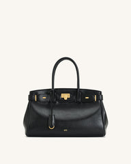 Ziva Metal Lock Decoration Tote Bag - Black